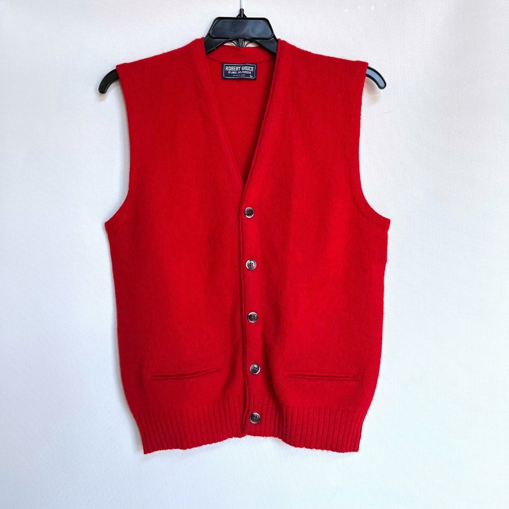Robert Bruce Mens Red Wool V-Neck Button Sweater Vest Lg Preppy Office‎ Grandpa